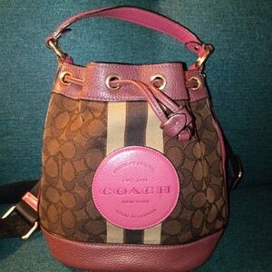 Coach mini Dempsey bucket Bag In Brown Jacquard With Pink Trim